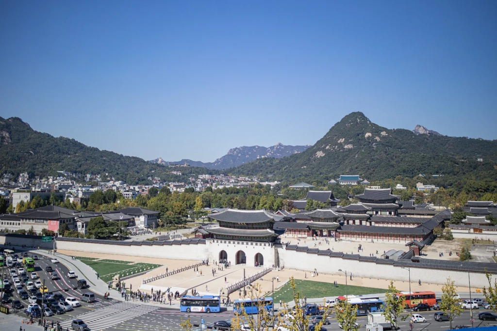 Aerial view of Gyeongbokgung Palace and Gwanghwamun Gate in Seoul, South Korea