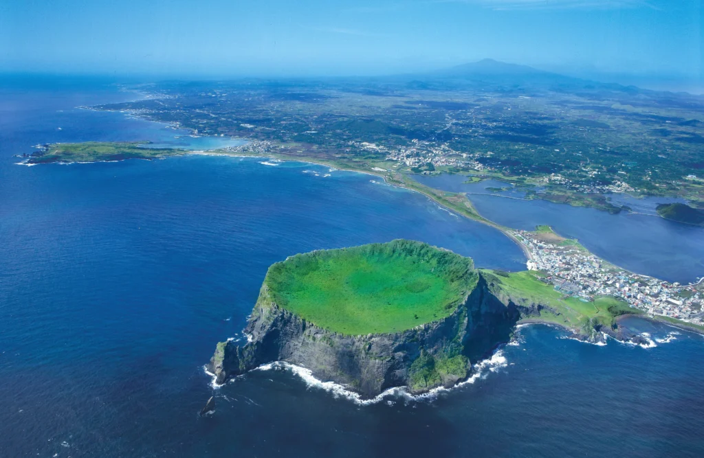 Aerial view of Seongsan Ilchulbong Sunrise Peak crater on Jeju Island