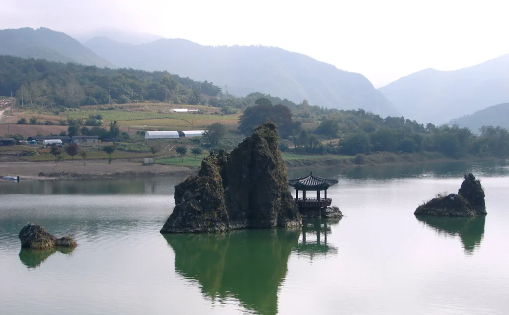 Dodamsambong, three rocky peaks rising from the river in Danyang, Chungbuk